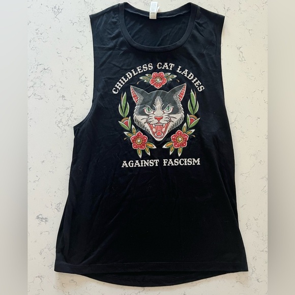 Childless Cat Ladies Against Fascism Black Cat Flower Graphic Tank Top Sz Medium - Picture 5 of 8